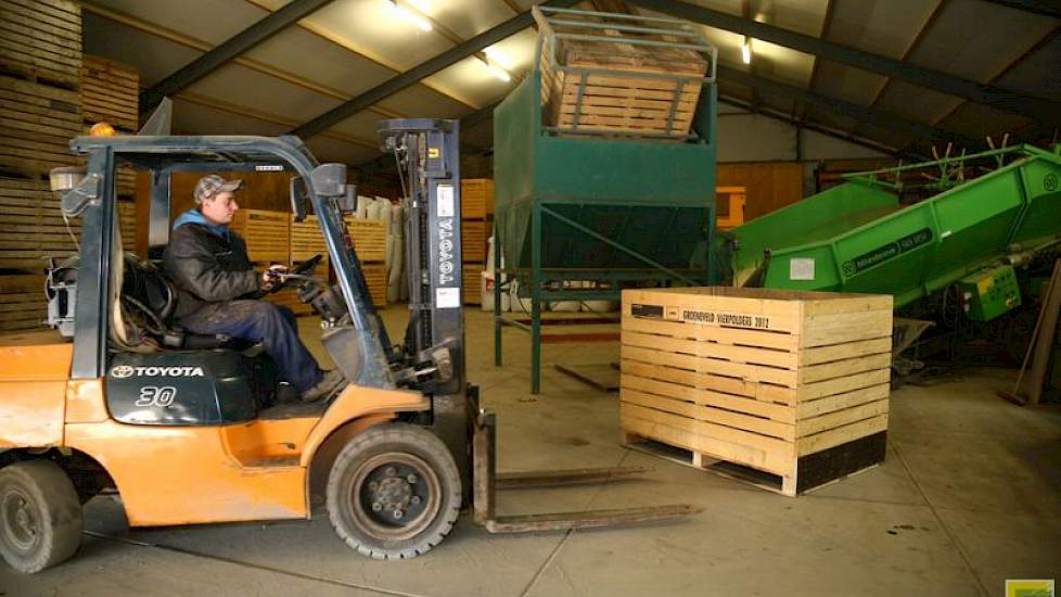 Nobel verzorgt met de heftruck de aanvoer van kisten bij de stortbunker en de afvoer van kisten met gesorteerde en gelezen aardappelen.