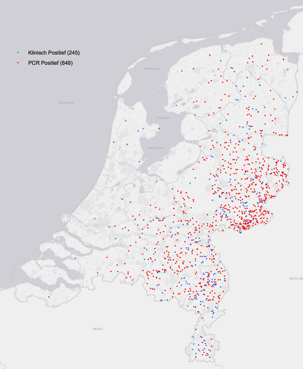 Kaart van de NVWA, aantal blauwtongbesmettingen.